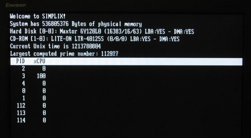 Screen shot of Simplix running on real hardware